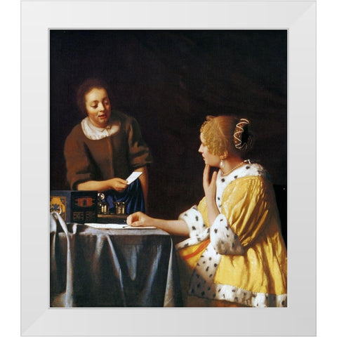 Lady With A Maidservant Holding A Letter White Modern Wood Framed Art Print by Vermeer, Johannes
