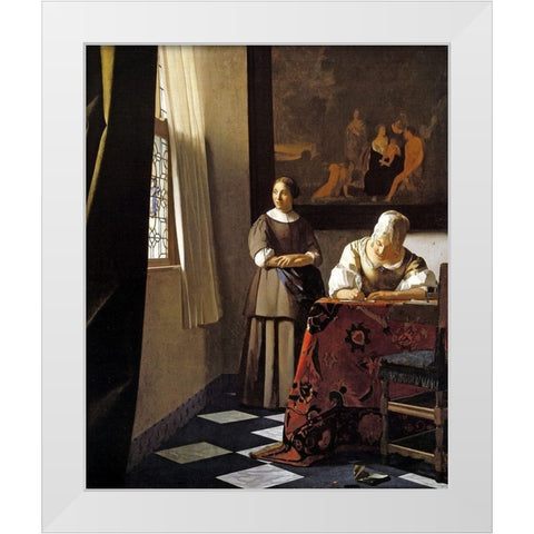 Lady Writing A Letter With Her Maid White Modern Wood Framed Art Print by Vermeer, Johannes
