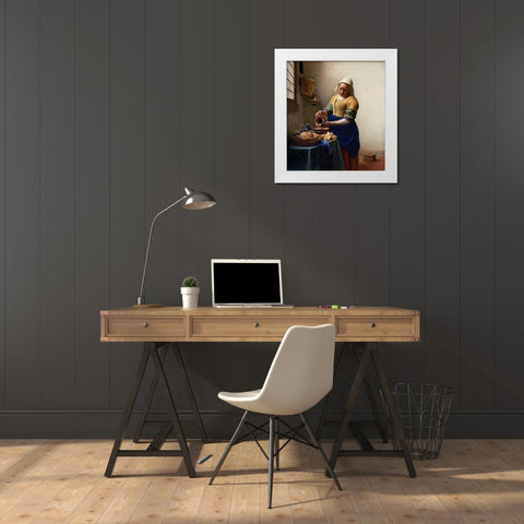 Milkmaid White Modern Wood Framed Art Print by Vermeer, Johannes