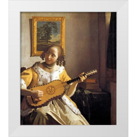 The Guitar Player White Modern Wood Framed Art Print by Vermeer, Johannes
