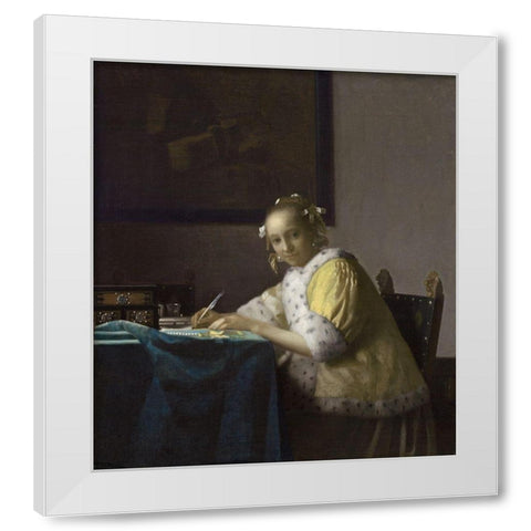 Writing Lady In Yellow Jacket White Modern Wood Framed Art Print by Vermeer, Johannes