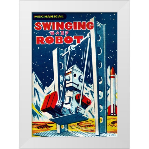 Swinging Baby Robot White Modern Wood Framed Art Print by Retrobot