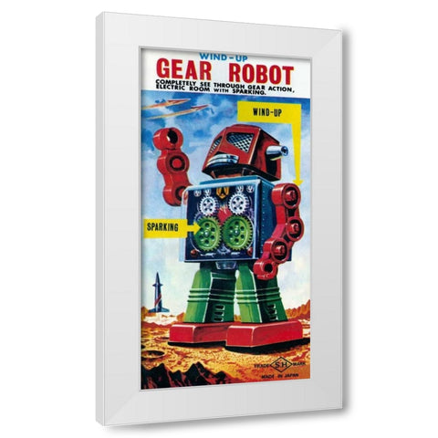 Wind-up Gear Robot White Modern Wood Framed Art Print by Retrobot