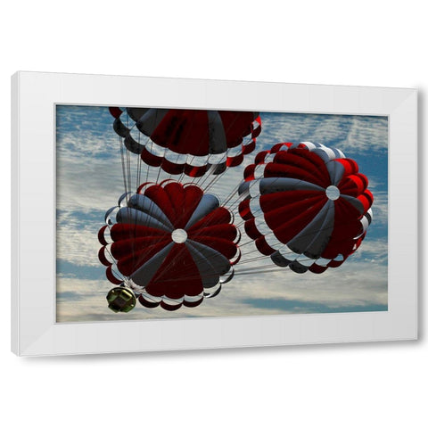 Orion descending by parachute on re-entry to Earth, Project Constellation White Modern Wood Framed Art Print by NASA