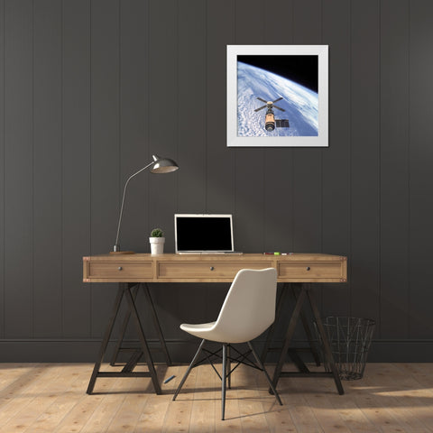 Skylab Orbital Workshop, viewed from Skylab 4 CSM, 1974 White Modern Wood Framed Art Print by NASA