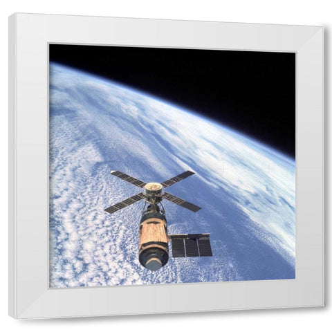 Skylab Orbital Workshop, viewed from Skylab 4 CSM, 1974 White Modern Wood Framed Art Print by NASA