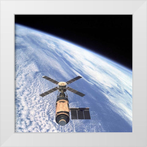 Skylab Orbital Workshop, viewed from Skylab 4 CSM, 1974 White Modern Wood Framed Art Print by NASA