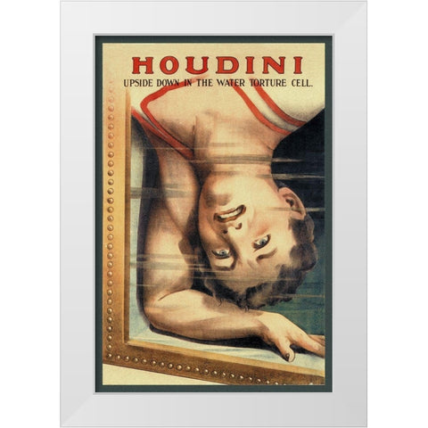 Magicians: Houdini: Upside Down in the Water Torture Cell White Modern Wood Framed Art Print by Strobridge