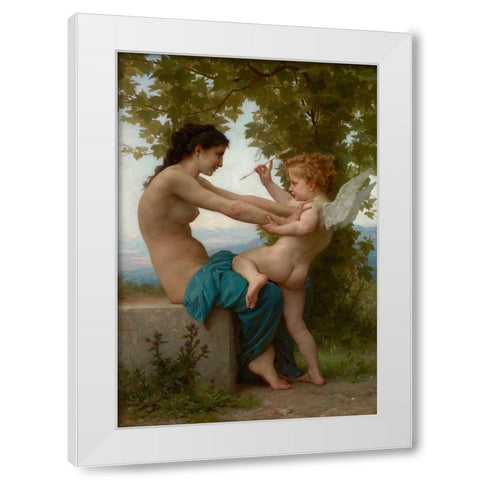 A Young Girl Defending Herself against Eros White Modern Wood Framed Art Print by Bouguereau, William-Adolphe
