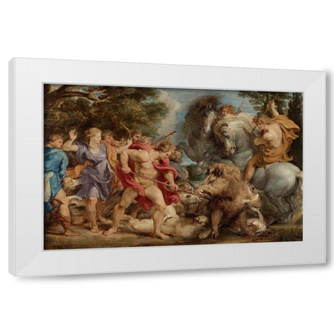 The Calydonian Boar Hunt White Modern Wood Framed Art Print by Rubens, Peter Paul