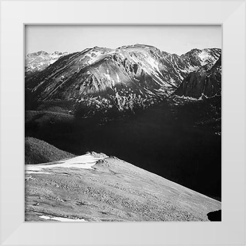 Panorama of barren mountains and shadowed valley, in Rocky Mountain National Park, Colorado, ca. 194 White Modern Wood Framed Art Print by Adams, Ansel