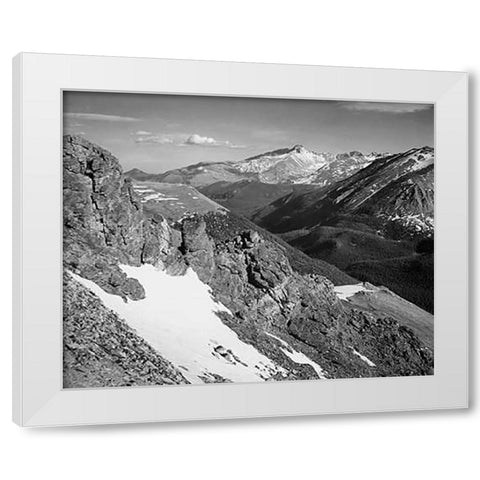 View of barren mountains with snow, in Rocky Mountain National Park, Colorado, ca. 1941-1942 White Modern Wood Framed Art Print by Adams, Ansel