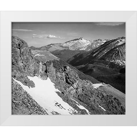 View of barren mountains with snow, in Rocky Mountain National Park, Colorado, ca. 1941-1942 White Modern Wood Framed Art Print by Adams, Ansel