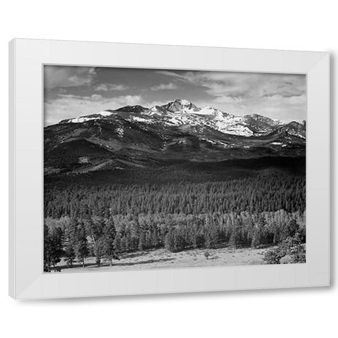 Trees in foreground, snow covered mountain in background, in Rocky Mountain National Park, Colorado, White Modern Wood Framed Art Print by Adams, Ansel