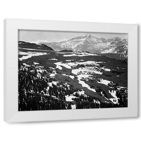 View of plateau, snow covered mountain in background, Longs Peak, in Rocky Mountain National Park, C White Modern Wood Framed Art Print by Adams, Ansel