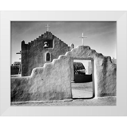 Full side view of entrance with gate to the right, Church, Taos Pueblo National Historic Landmark, N White Modern Wood Framed Art Print by Adams, Ansel