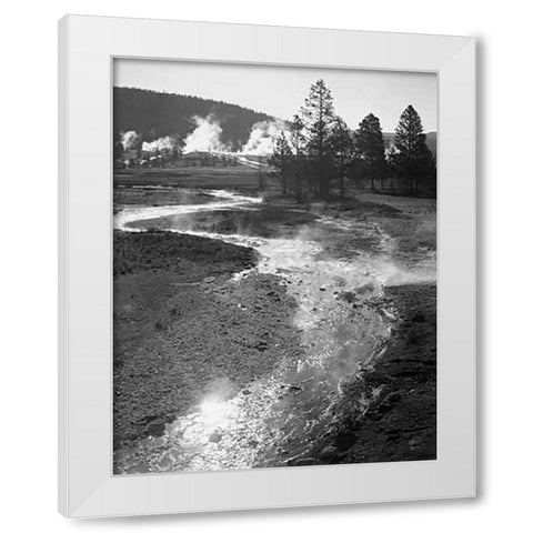 Stream winding back toward geyser, Central Geyser Basin, Yellowstone National Park, Wyoming, ca. 194 White Modern Wood Framed Art Print by Adams, Ansel