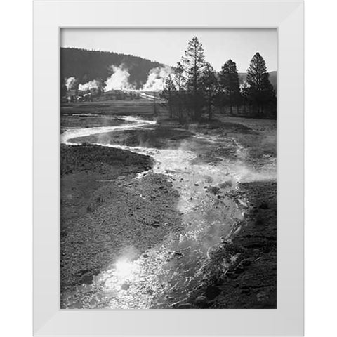 Stream winding back toward geyser, Central Geyser Basin, Yellowstone National Park, Wyoming, ca. 194 White Modern Wood Framed Art Print by Adams, Ansel
