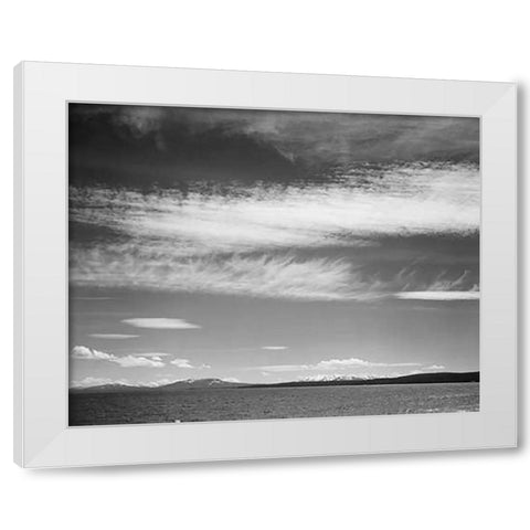 Lake, narrow strip of mountains, low horizon, Yellowstone Lake, Yellowstone National Park, Wyoming, White Modern Wood Framed Art Print by Adams, Ansel