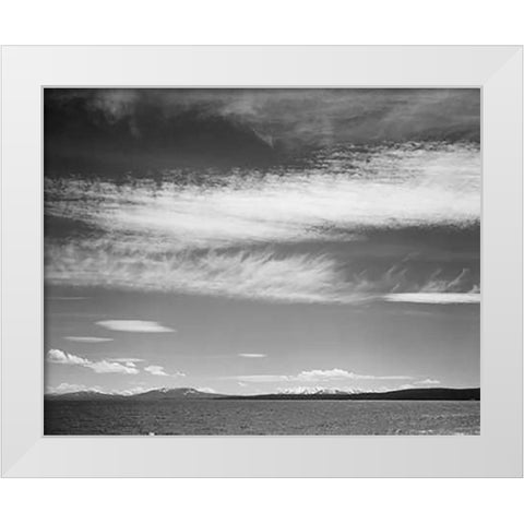 Lake, narrow strip of mountains, low horizon, Yellowstone Lake, Yellowstone National Park, Wyoming, White Modern Wood Framed Art Print by Adams, Ansel