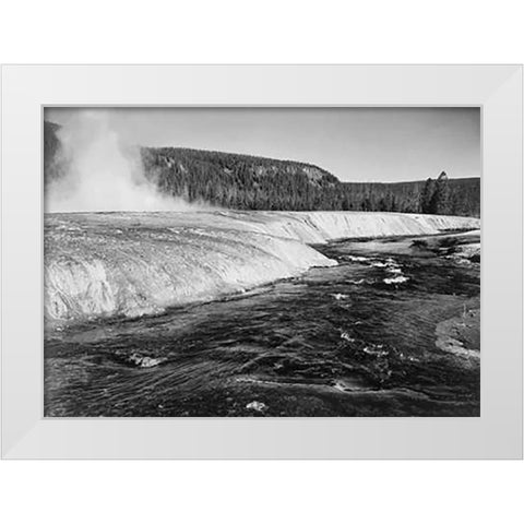 River in foreground, trees behind, Firehold River, Yellowstone National Park, Wyoming, ca. 1941-1942 White Modern Wood Framed Art Print by Adams, Ansel