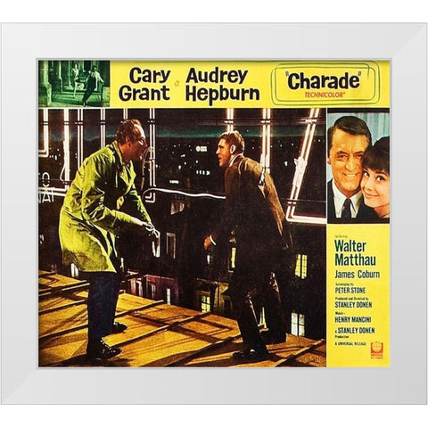 Cary Grant - Charade - Lobby Card White Modern Wood Framed Art Print by Hollywood Photo Archive
