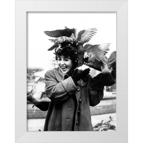 Elizabeth Taylor with pigeons White Modern Wood Framed Art Print by Hollywood Photo Archive