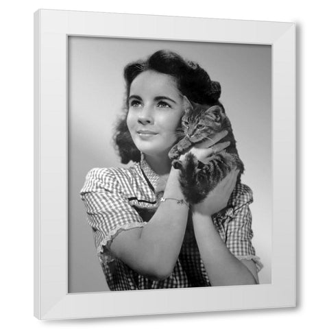 Elizabeth Taylor with kitten White Modern Wood Framed Art Print by Hollywood Photo Archive