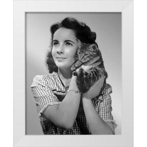 Elizabeth Taylor with kitten White Modern Wood Framed Art Print by Hollywood Photo Archive