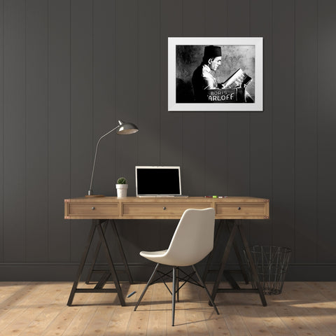 Boris Karloff - Reading a Script White Modern Wood Framed Art Print by Hollywood Photo Archive