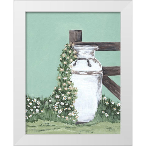 Milk Can With Cascading Flowers White Modern Wood Framed Art Print by Norman, Michele