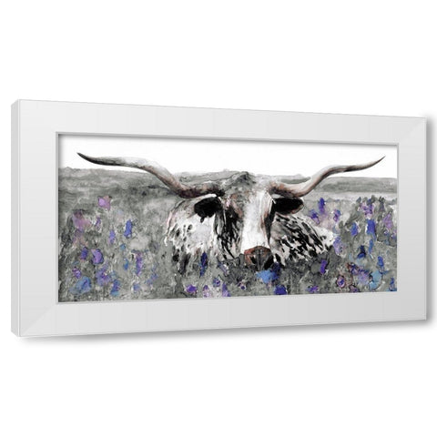 Longhorn in Flower Field White Modern Wood Framed Art Print by Stellar Design Studio