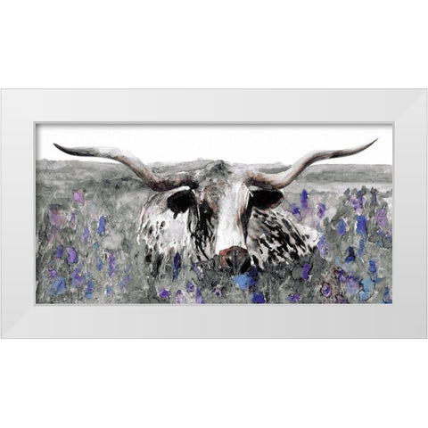 Longhorn in Flower Field White Modern Wood Framed Art Print by Stellar Design Studio