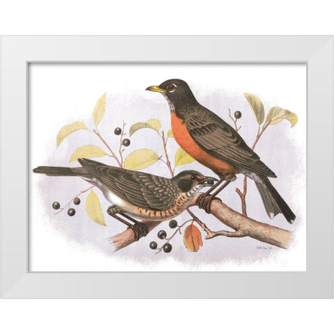 Birds and Berries White Modern Wood Framed Art Print by Stellar Design Studio