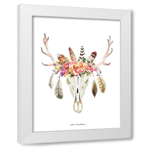 Boho Floral Feather Skull White Modern Wood Framed Art Print by Seven Trees Design