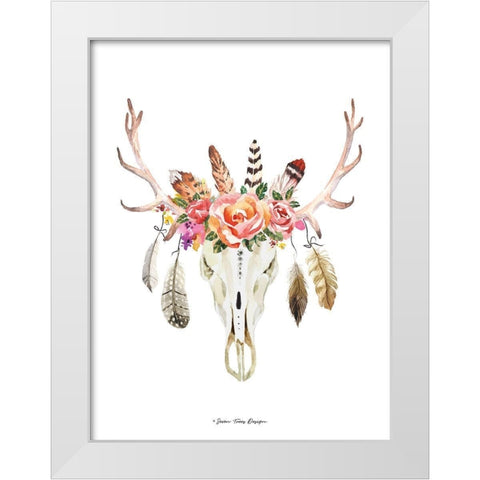 Boho Floral Feather Skull White Modern Wood Framed Art Print by Seven Trees Design