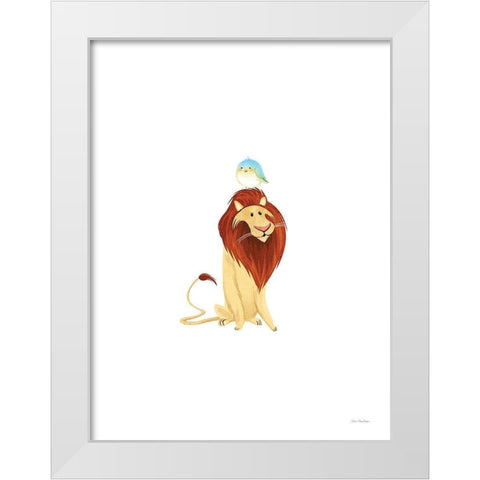 Safari Lion and Bird White Modern Wood Framed Art Print by Stellar Design Studio