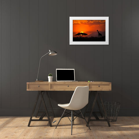 Kenya-Amboseli National Park Abstract sunset with giraffe and acacia tree silhouettes White Modern Wood Framed Art Print by Jaynes Gallery