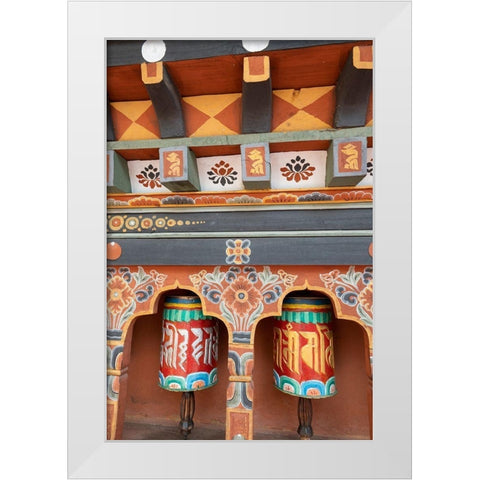 Bhutan Colorful prayer wheels White Modern Wood Framed Art Print by Hopkins, Cindy Miller