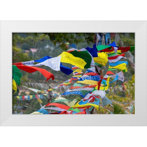 Bhutan-Thimphu Colorful prayer flags on mountain top at the Sangaygang Geodetic Station White Modern Wood Framed Art Print by Hopkins, Cindy Miller