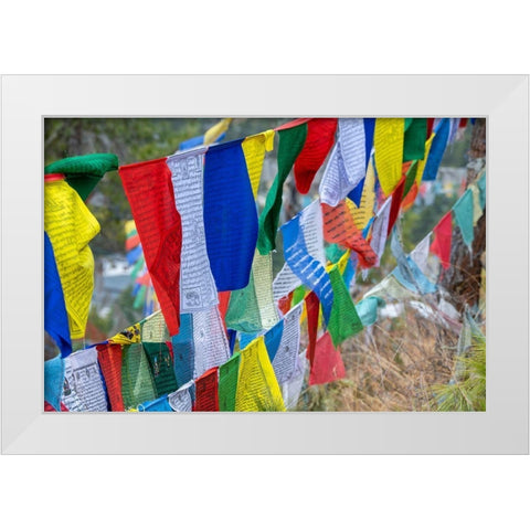 Bhutan-Thimphu Colorful prayer flags on mountain top at the Sangaygang Geodetic Station White Modern Wood Framed Art Print by Hopkins, Cindy Miller