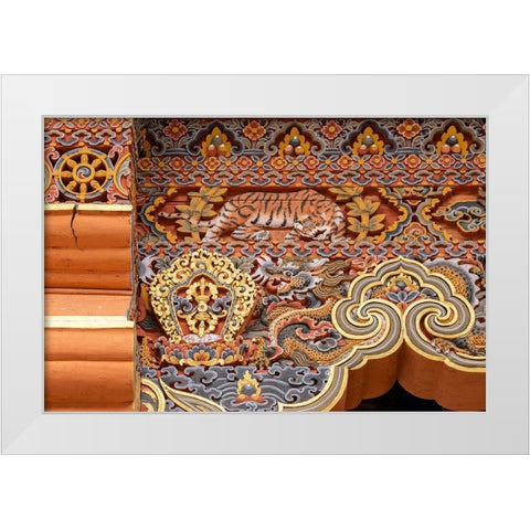 Bhutan Traditional hand painted and carved wooden architectural detail with tiger and dragon White Modern Wood Framed Art Print by Hopkins, Cindy Miller