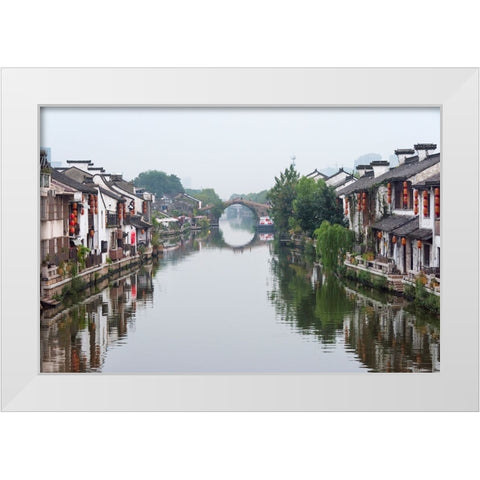 Traditional house and stone bridge on the Grand Canal-Wuxi-Jiangsu Province-China White Modern Wood Framed Art Print by Su, Keren