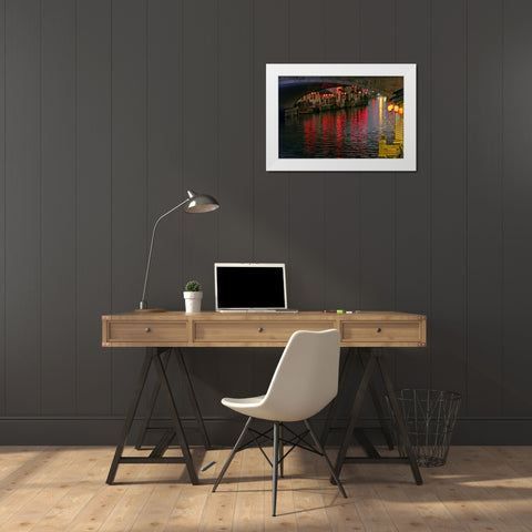 Night view of traditional house and stone bridge on the Grand Canal-Wuxi-Jiangsu Province-China White Modern Wood Framed Art Print by Su, Keren