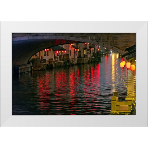 Night view of traditional house and stone bridge on the Grand Canal-Wuxi-Jiangsu Province-China White Modern Wood Framed Art Print by Su, Keren
