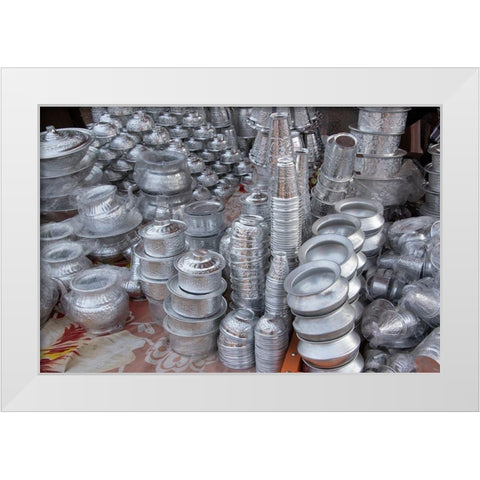 India-Delhi-Old Delhi Aluminum vendor-detail of goods for sale White Modern Wood Framed Art Print by Hopkins, Cindy Miller
