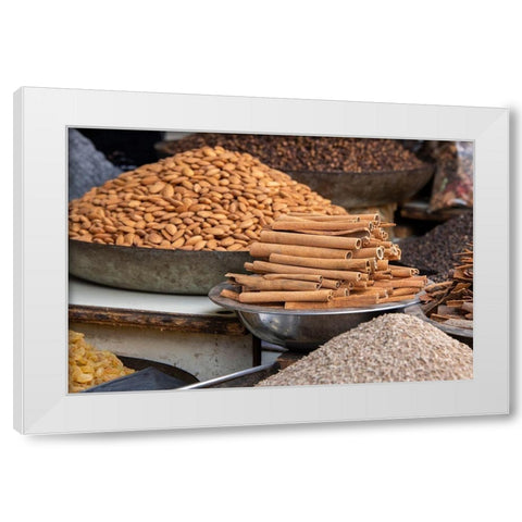 India-Delhi-Old Delhi Old Delhi street market Mixed nuts-spices and cinnamon sticks White Modern Wood Framed Art Print by Hopkins, Cindy Miller