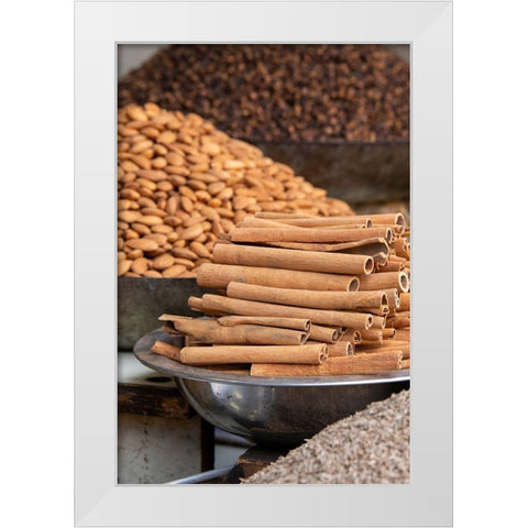 India-Delhi-Old Delhi Old Delhi street market Mixed nuts-spices and cinnamon sticks White Modern Wood Framed Art Print by Hopkins, Cindy Miller