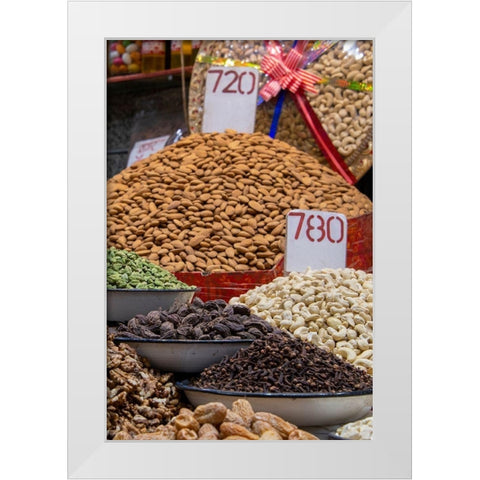 India-Delhi-Old Delhi Old Delhi street market Assorted nuts-spices and snacks White Modern Wood Framed Art Print by Hopkins, Cindy Miller