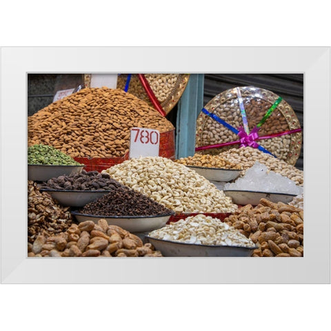 India-Delhi-Old Delhi Old Delhi street market Assorted nuts-spices and snacks White Modern Wood Framed Art Print by Hopkins, Cindy Miller